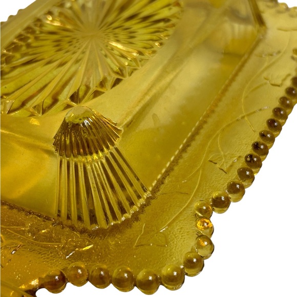 Antique Honey Dish Lid Yellow Glass Co-Operative Flint 1800s Leaf Pattern Pot - Picture 11 of 13